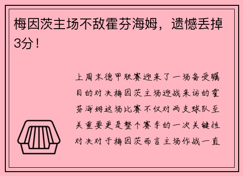 梅因茨主场不敌霍芬海姆，遗憾丢掉3分！