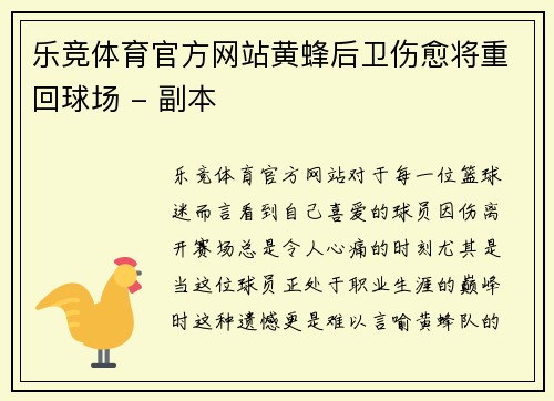 乐竞体育官方网站黄蜂后卫伤愈将重回球场 - 副本