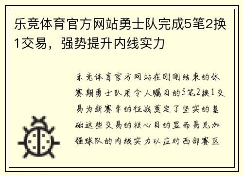 乐竞体育官方网站勇士队完成5笔2换1交易，强势提升内线实力