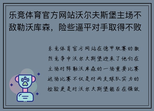 乐竞体育官方网站沃尔夫斯堡主场不敌勒沃库森，险些逼平对手取得不败战绩